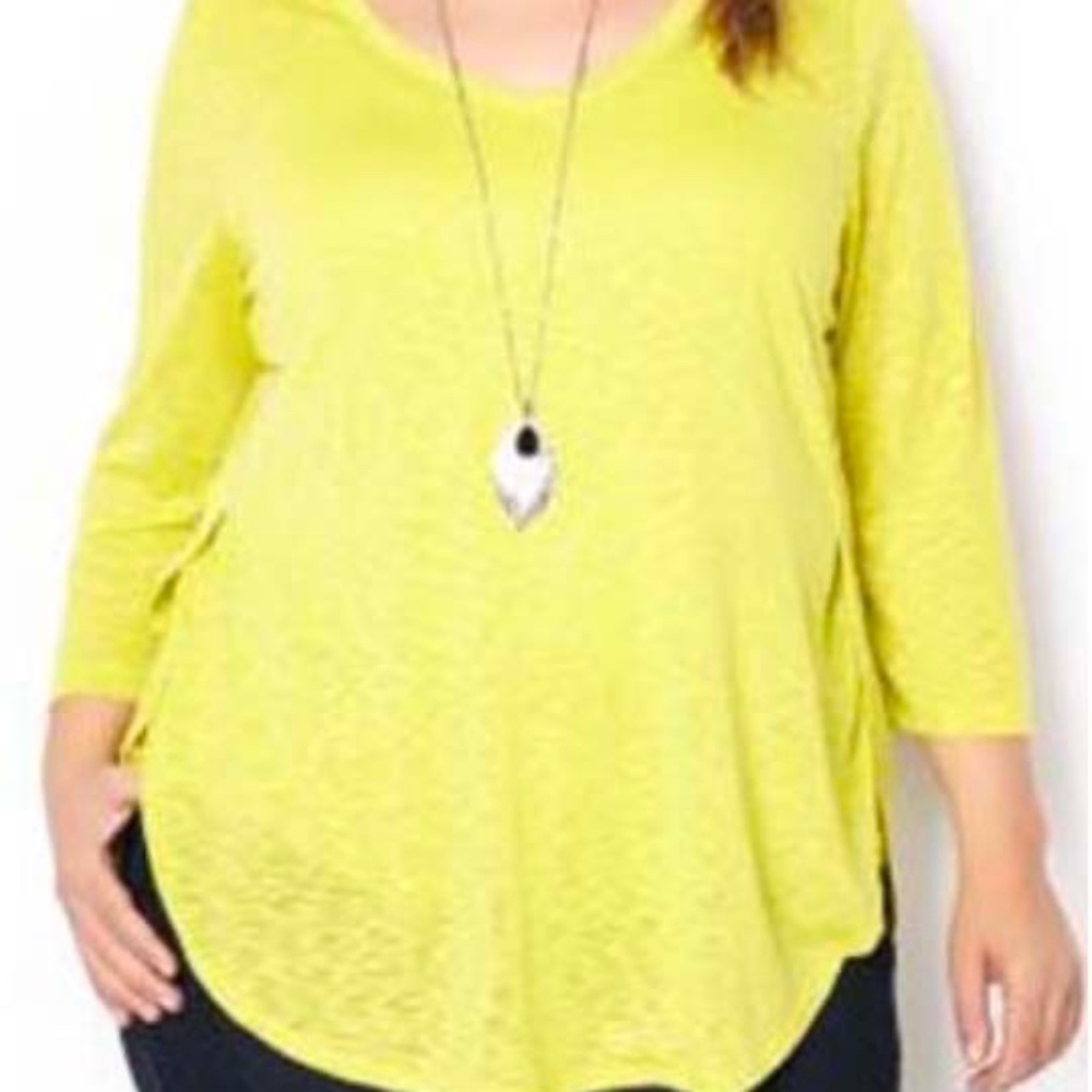 TOP, ¾ SLEEVE, LINEN BLEND, CHARTREUSE (Yellow), SIZE 5X, VEE NECK, HIGH LOW HEM